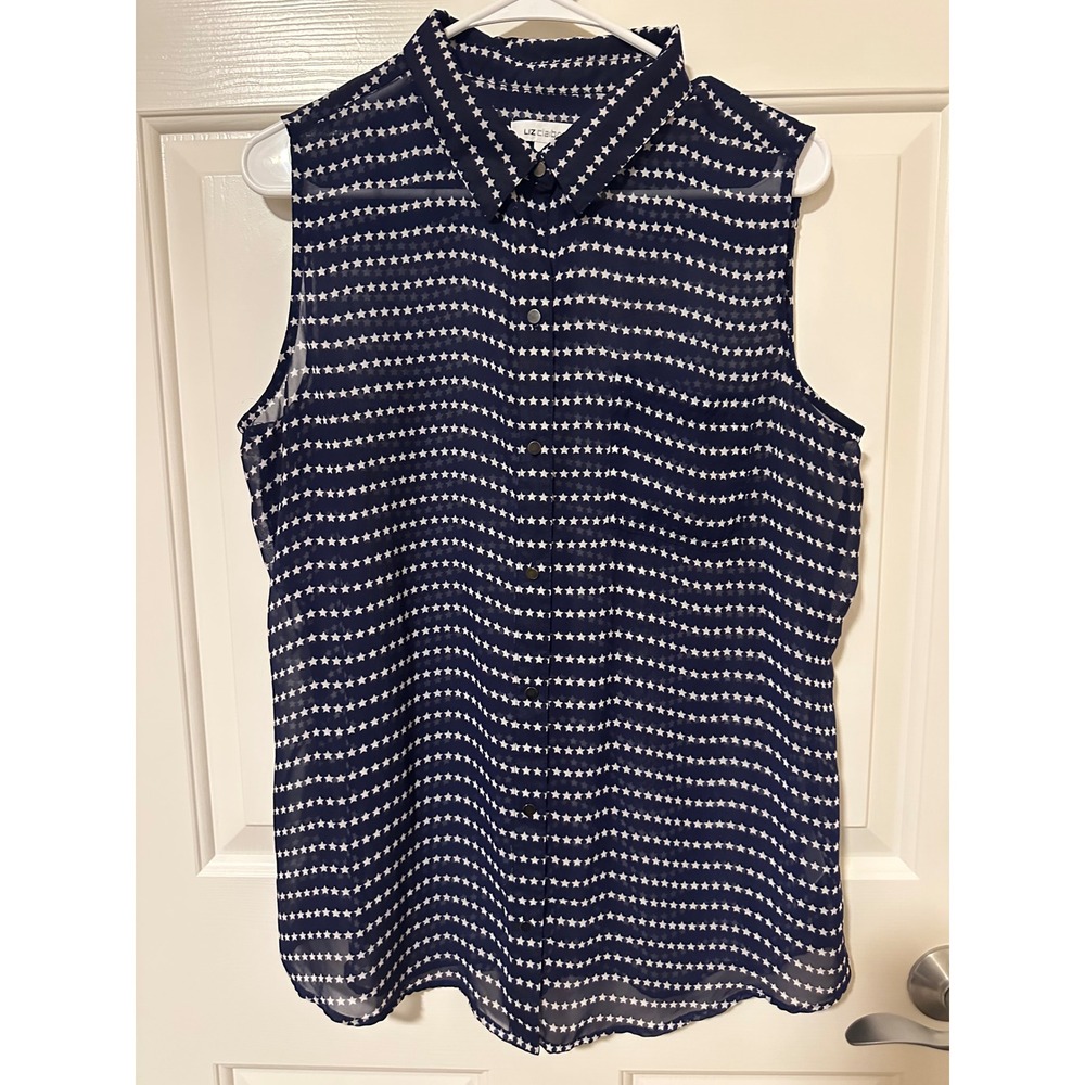 Liz Claiborne Blouse‎ Womens L Blue Star Print Sleeveless Button Down Sheer  Top